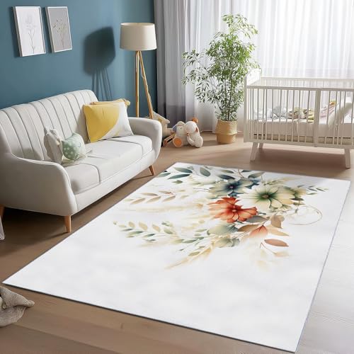 Teppich Schlafzimmer Kurzflor 160 x 230 cm Wohnzimmer Rechteck rutschfeste Teppich, Aquarell Elegant Blumen Blätter Muster Dekoration Carpets, Weich Flauschiger Waschbar Teppiche - Bunt Teppich Schlafzimmer Kurzflor 160 x 230 cm Wohnzimmer Rechteck rutschfeste Teppich, Aquarell Elegant Blumen Blätter Muster Dekoration Carpets, Weich Flauschiger Waschbar Teppiche - Bunt von Generic