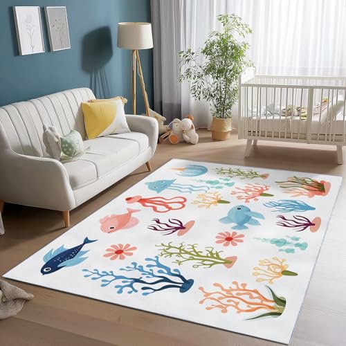 Teppich Schlafzimmer Kurzflor 160 x 230 cm Wohnzimmer Rechteck rutschfeste Teppich, Cartoon Niedlich Marine Leben Muster Dekoration Carpets, Weich Flauschiger Waschbar Teppiche - Bunt Teppich Schlafzimmer Kurzflor 160 x 230 cm Wohnzimmer Rechteck rutschfeste Teppich, Cartoon Niedlich Marine Leben Muster Dekoration Carpets, Weich Flauschiger Waschbar Teppiche - Bunt von Generic