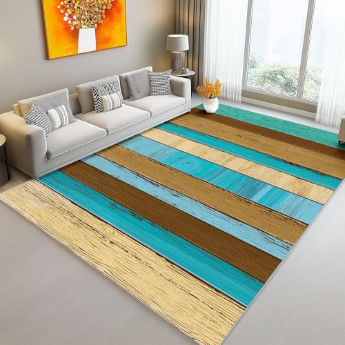 Teppich Schlafzimmer Pflegeleicht - Blaugrün Teppich Kurzflor Waschbar Bodenmatte 100 x 150 cm für Wohnzimmer und Jugendzimmer Jungen Vintage-Stil Holz Streifen Personalisiert Teppiche von Generic