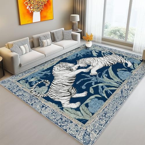 Teppich Schlafzimmer Pflegeleicht - Grau Blau Teppich Kurzflor Waschbar Bodenmatte 160 x 230 cm für Wohnzimmer und Jugendzimmer Jungen Tuschemalerei Wildtiere Tiger Personalisiert Teppiche von Generic