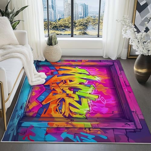 Teppich Street Graffiti Trend Persönlichkeit weicher Kurzflor,für Wohnzimmer, Schlafzimmer,Antibakteriell Antirutschunterlage Klassische und Rosa Bunt Bedruckt 160 x 230 cm von Generic
