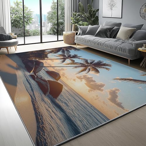 Teppich Surrealismus Urlaub Am Meer Strand Thema für Eingang Flur Korridor, Waschbar Superfeiner Kaschmir rutschfest Wohnzimmerteppich 100 x 150 cm, Weich Kurzflor Fußmatten Khaki von Generic