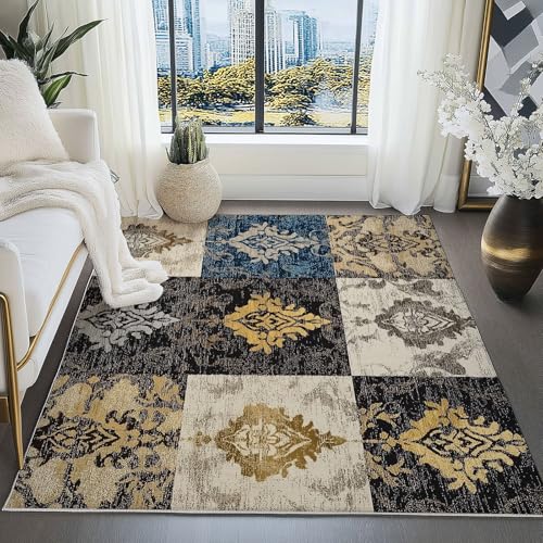 Teppich Vintage Eleganz Traditionelle Muster Thema für Wohnzimmer Esszimmer Schmücken, Waschbar Superfeiner Kaschmir Schlafzimmer Großer Teppich mit Rutschfester Rückseite 120 x 180 cm, Khaki von Generic