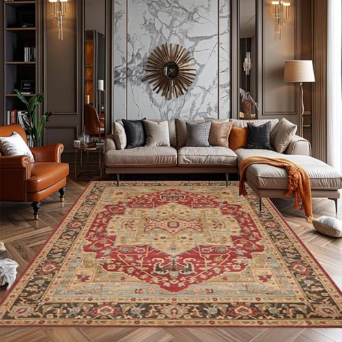 Teppich Waschbar Wohnzimmer Teppiche Fein rutschfest Für Zimmer Esszimmer Teppich Küche Teppich Vintage, Yellow Red, 60 x 90 cm (Rectangular) von Generic
