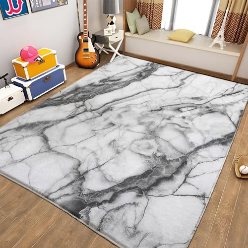 Teppich Waschbar in Waschmaschine Geometrischer Marmor Weiß Teppich Wohnzimmer Wohnkultur Flanell Rug Couchtisch Schlafzimmer Nachttisch Matte Großer Teppich 120 x 170cm von Generic