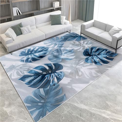 Teppich Waschbar in Waschmaschine Monstera-Blätter blau Teppich Wohnzimmer Wohnkultur Flanell Rug Couchtisch Schlafzimmer Nachttisch Matte Großer Teppich 180 x 240cm von Generic