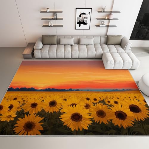 Teppich Waschbar rutschfest Gold, Teppich mit bedrucktem Kurzflor Cartoon Sonnenuntergang Blumen Sonnenblumen, Wurfteppich für das Wohnzimmer und Esszimmer, 180 x 240 cm von Generic