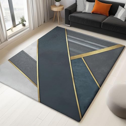 Teppich Waschbarer Dunkelgrau Gold, Teppich Abstrakt Geometrisch Linien Bedruckter Weich rutschfest Kurzflor Schlafzimmer, Teppiche für Wohnzimmer Kinderzimmer 160 x 230 cm von Generic