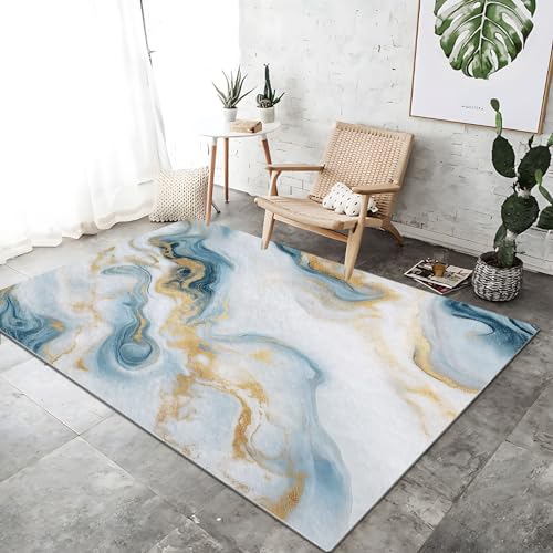 Teppich Waschbarer Weiß Gold, Teppich Abstrakt Marmor Flüssigkeit Bedruckter Weich rutschfest Kurzflor Schlafzimmer, Teppiche für Wohnzimmer Kinderzimmer 160 x 230 cm von Generic