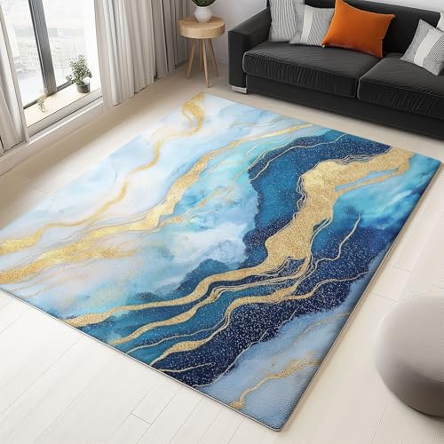 Teppich Wohnzimmer, 120 X 170 cm Waschbar Kurzflor rutschfest Weich Moderner Kunststil Fließende Textur Bettvorleger Großer Teppiche Für Schlafzimmer Kinderzimmer Büromarineblau Gold von Generic