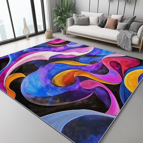 Teppich Wohnzimmer 100 X 150 cm Abstrakter Stil Weich Schlafzimmer rutschfest, Kurven Farbblöcke Texturen Waschbare Kurzflor Flauschiger Flanell Teppiche Für Wohnzimmer, Esszimmer, Büro von Generic