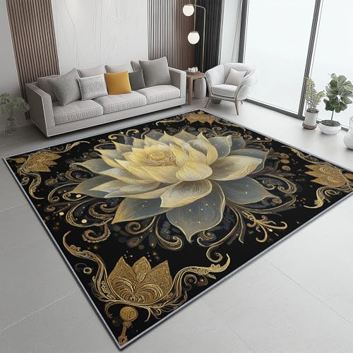 Teppich Wohnzimmer 120 X 170 cm Leichter Luxus-Stil Lotus rutschfest Kurzflor Kunstwolle Schlafzimmer Großer Teppich Gold Schwarz Waschbar Bettvorleger Teppiche Für Schlafzimmer Kinderzimmer Büro von Generic