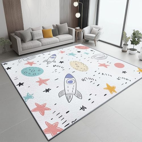 Teppich Wohnzimmer 120 x 180 cm, Cartoon Niedlich Weltraumelemente Raketen Bedruckter, Waschbar Anti-Rutsch Bunt Teppiche Schlafzimmer Flauschige Moderne Teppichen für Schlafzimmer Kinderzimmer von Generic
