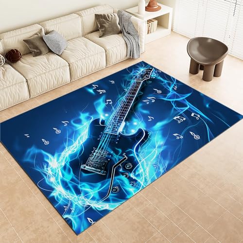 Teppich Wohnzimmer 120x170cm, Musik Blaue Flamme Gitarre Waschbar in Waschmaschine, Kurzflor, rutschfest, Weich Teppich Blau, Für Wohnzimmer Schlafzimmer Esszimmer von Generic