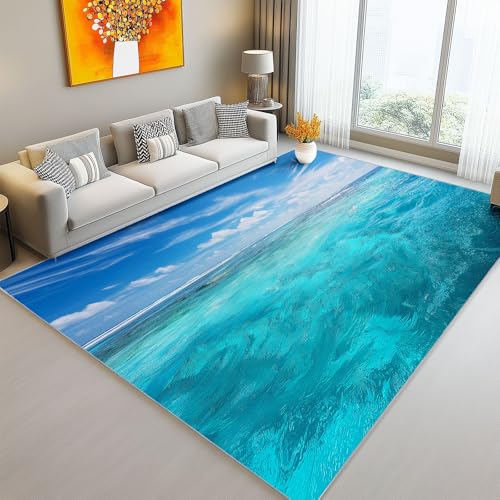 Teppich Wohnzimmer 140 x 200 cm, Natur Meer Blauer Himmel Weiße Wolken Bedruckte Flanell Teppich, für Küche Esszimmer und Schlafzimmer Fußmatte, Bunt Kurzflor Teppiche Extra Weich Pflegeleicht von Generic
