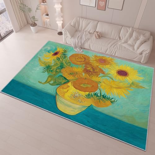 Teppich Wohnzimmer 140 x 200 cm, Waschbar Weich Flanell Kurzflor Rutschfester Gelb Grün Teppich Impressionismus Sonnenblumen Vase Bedruckter, für Wohnzimmer Schlafzimmer Kinderzimmer Teppiche von Generic