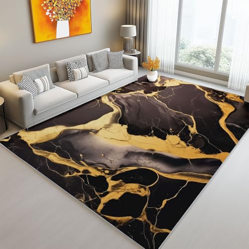 Teppich Wohnzimmer 140 x 200 cm, Waschbarer Kurzflor Teppich, Schlafzimmer Teppiche, Abstraktes Marmormuster Muster Weich rutschfest Design für Esszimme Schwarz Gold Teppich Wohnzimmer 140 x 200 cm, Waschbarer Kurzflor Teppich, Schlafzimmer Teppiche, Abstraktes Marmormuster Muster Weich rutschfest Design für Esszimme Schwarz Gold von Generic