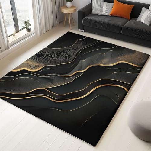 Teppich Wohnzimmer 140 x 200 cm Abstrakte Glatte Linien Design - Schlafzimmer Teppich Kurzflor Extra Weich Pflegeleicht Teppiche Waschbar Küche Esszimmer, Schwarz Gold von Generic