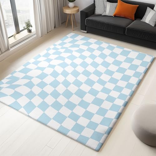 Teppich Wohnzimmer 140 x 200 cm Abstrakte Wellen Quadrate Design - Schlafzimmer Teppich Kurzflor Extra Weich Pflegeleicht Teppiche Waschbar Küche Esszimmer, Hellblau von Generic