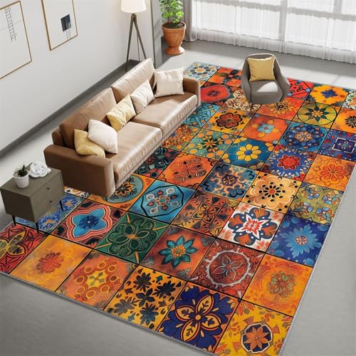 Teppich Wohnzimmer 160 x 230 cm, Mandala Stil Kachel Rutschfester Waschbarer Teppich, Bunt Weicher Läufer Schlafzimmer, Kurzflor Läufer für Wohnzimmer Kinderzimmer von Generic