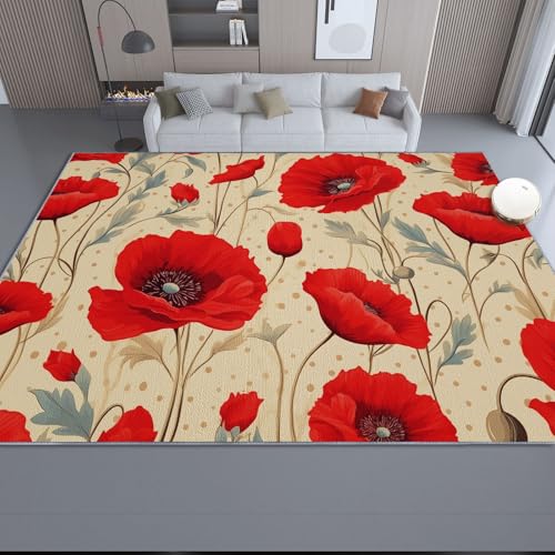 Teppich Wohnzimmer 160 x 230 cm, Rustikal Blumen Mohn Waschbarer Teppiche rutschfest für Schlafzimmer Büro Esszimmer - Beige Rot Kurzflor Flauschig KinderTeppiche Dekoration Teppich Wohnzimmer 160 x 230 cm, Rustikal Blumen Mohn Waschbarer Teppiche rutschfest für Schlafzimmer Büro Esszimmer - Beige Rot Kurzflor Flauschig KinderTeppiche Dekoration von Generic