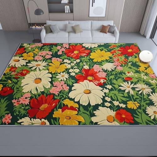 Teppich Wohnzimmer 160 x 230 cm, Vintage Blumen Gänseblümchen Blätter Waschbarer Teppiche rutschfest für Schlafzimmer Büro Esszimmer - Bunt Kurzflor Flauschig KinderTeppiche Dekoration Teppich Wohnzimmer 160 x 230 cm, Vintage Blumen Gänseblümchen Blätter Waschbarer Teppiche rutschfest für Schlafzimmer Büro Esszimmer - Bunt Kurzflor Flauschig KinderTeppiche Dekoration von Generic