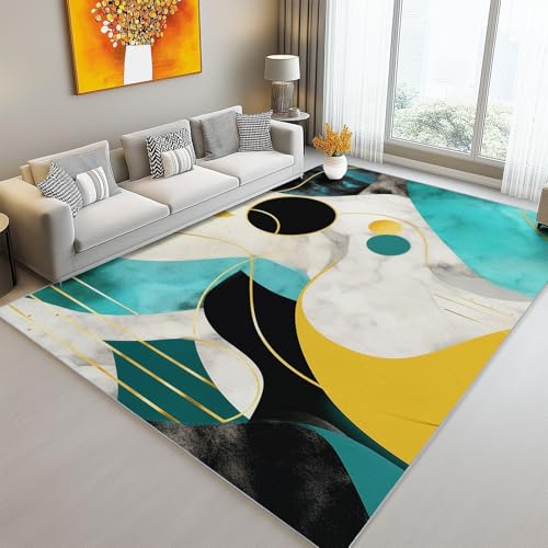 Teppich Wohnzimmer 160 x 230 cm, Weich Flanell Moderne Abstrakte Goldene Linien Bedruckter Kurzflor Rutschfester Türkis Gold Teppich - Waschbar Teppiche für Esszimmer Küchen Schlafzimmer Teppich Wohnzimmer 160 x 230 cm, Weich Flanell Moderne Abstrakte Goldene Linien Bedruckter Kurzflor Rutschfester Türkis Gold Teppich - Waschbar Teppiche für Esszimmer Küchen Schlafzimmer von Generic
