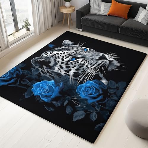 Teppich Wohnzimmer 160 x 230 cm rutschfest Kurzflor Schlafzimmer, Teppich Waschbar Bettvorleger, Tierleopard Blaue Rose Muster Teppiche für Wohnzimmer Schlafzimmer Büro Bereich Dekor, Schwarz Teppich Wohnzimmer 160 x 230 cm rutschfest Kurzflor Schlafzimmer, Teppich Waschbar Bettvorleger, Tierleopard Blaue Rose Muster Teppiche für Wohnzimmer Schlafzimmer Büro Bereich Dekor, Schwarz von Generic