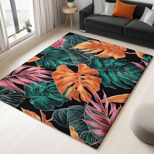 Teppich Wohnzimmer 50 X 80 cm – Waschbarer Kurzflor Teppich, rutschfest, Tropisch Palmblätter Monstera, Pflegeleicht – Für Flur, Wohnzimmer, Schlafzimmer & Esszimmer, Grün Orange von Generic