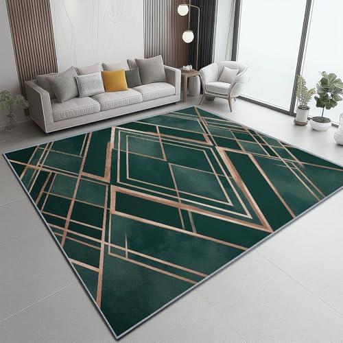 Teppich Wohnzimmer 50 x 80 cm Teppich Schlafzimmer Modern Abstrakt Linien Raute Bedruckter Teppiche Waschbar Rutschfester Kurzflor für Kinderzimmer Esszimmer Eingang Flur Korridor, Gold Grün von Generic