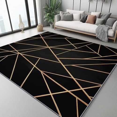 Teppich Wohnzimmer 60 X 90 cm Leichter Luxus Goldene Linien Geometrie rutschfest Kurzflor Kunstwolle Schlafzimmer Klein Teppich Schwarz Gold Waschbar Teppiche Für Schlafzimmer Kinderzimmer Büro von Generic