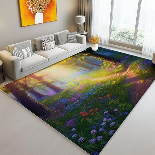 Teppich Wohnzimmer 60 X 90 cm – Waschbarer Kurzflor Teppich, rutschfest Natur Wald Blumenweg Pflegeleicht Für Flur Wohnzimmer Schlafzimmer Esszimmer Gold Grün von Generic