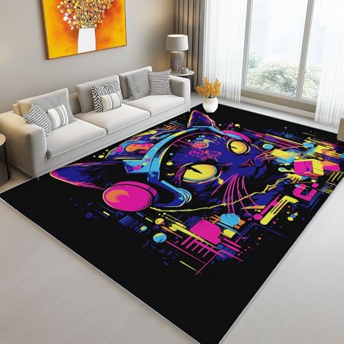 Teppich Wohnzimmer 60 x 120 cm, Waschbarer Kurzflor Teppich, Schlafzimmer Teppiche, Cartoon-Graffiti Katze Muster Weich rutschfest Design für Esszimme Schwarz von Generic