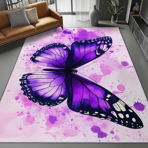 Teppich Wohnzimmer 80 x 150 cm, Lila Pink Waschbarer Teppiche Aquarell Insekt Schmetterling Bedruckter Schlafzimmer Kurzflor Teppiche für Wohnzimmer Kinderzimmer von Generic