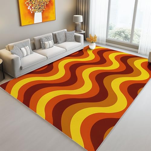 Teppich Wohnzimmer 80 x 150 cm, Waschbarer Kurzflor Teppich, Schlafzimmer Teppiche, Retro-Modestreifen Muster Weich rutschfest Design für Esszimme Braun Orange von Generic