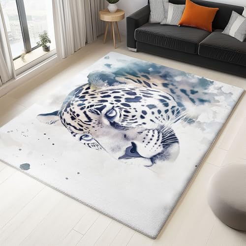 Teppich Wohnzimmer 80 x 150 cm Kurzflor Weich rutschfest Teppich Schlafzimmer, Jaguar-Aquarellporträt Waschbarer Teppiche Kinderzimmer für Einganglsbereic Weiß Grau von Generic