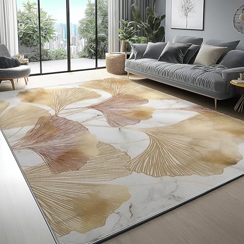 Teppich Wohnzimmer 80 x 150 cm Kurzflor Weich rutschfest Teppich Schlafzimmer, Marmorierte Ginkgoblattmuster Waschbarer Teppiche Kinderzimmer für Einganglsbereic Gold Braun von Generic
