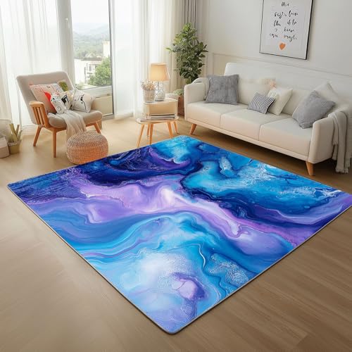 Teppich Wohnzimmer Abstrakt Marmor Blau Waschbar Kurzflor Teppich Flauschiger Rutschfester Moderner Marmor Textur Teppisch Schlafzimmer Esszimmer, Weicher Rugs for Living Room 180x240cm von Generic
