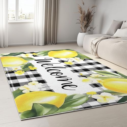 Teppich Wohnzimmer Gelb, Elegant Wasser Obst Zitrone Karomuster Waschbar rutschfest Weich Kurzflor Teppich 80 x 150 cm - für Wohnzimmer Schlafzimmer Esszimmer von Generic