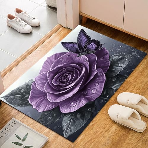 Teppich Wohnzimmer Kurzflor Moderner Rose Schmetterling - Schlafzimmer Teppich Flauschiger, Waschbar Teppisch Natur Blume Lila Teppiche für Büro Anti-Rutsch Teppisch 60x90cm von Generic