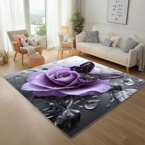 Teppich Wohnzimmer Natur Rose Waschbar Kurzflor Teppich Flauschiger Rutschfester Moderner Lila Schmetterling Blume Teppisch Schlafzimmer Esszimmer, Weicher Rugs for Living Room 180x240cm Teppich Wohnzimmer Natur Rose Waschbar Kurzflor Teppich Flauschiger Rutschfester Moderner Lila Schmetterling Blume Teppisch Schlafzimmer Esszimmer, Weicher Rugs for Living Room 180x240cm von Generic