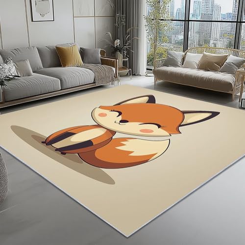 Teppich Wohnzimmer Niedlich Cartoon Tiere Fuchs Thema, Khaki Schmutzabweisend Flanell Waschbar Kinder Teppiche, 120 x 180 cm Personalisierte Dekor für Schlafzimmer Das BüRo von Generic