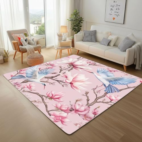 Teppich Wohnzimmer Pflanze Magnolie Rot Waschbar Kurzflor Teppich Flauschiger Rutschfester Moderner Tiere Mandschurenkranich Teppisch Schlafzimmer Esszimmer Weicher Bettvorleger 60x110cm von Generic