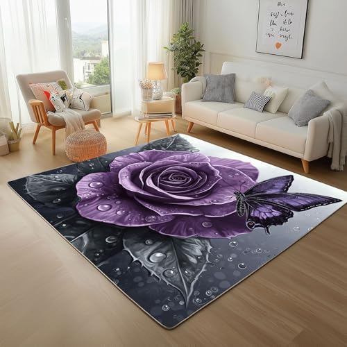 Teppich Wohnzimmer Rose Schmetterling Waschbar Kurzflor Teppich Flauschiger Rutschfester Moderner Natur Blume Lila Teppisch Schlafzimmer Esszimmer, Weicher Rugs for Living Room 180x240cm Teppich Wohnzimmer Rose Schmetterling Waschbar Kurzflor Teppich Flauschiger Rutschfester Moderner Natur Blume Lila Teppisch Schlafzimmer Esszimmer, Weicher Rugs for Living Room 180x240cm von Generic