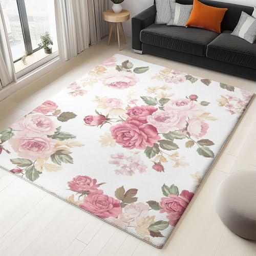 Teppich Wohnzimmer Schlafzimmer, Teppich Pfingstrose Mit Vintage-Blumen Muster Weich Kurzflor & Waschbar & rutschfest Zuhause Fussmatte Innen, Kinderteppich 60 x 120 cm, Rosa von Generic