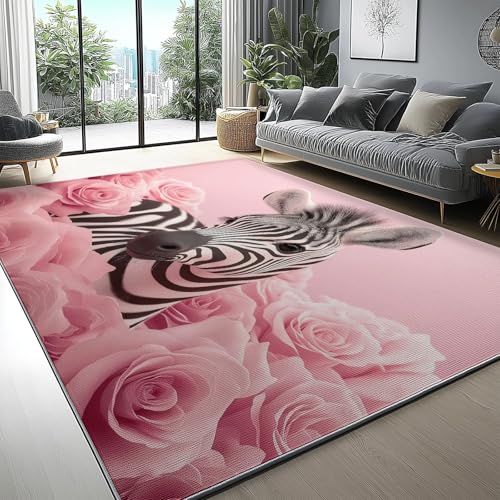 Teppich Wohnzimmer Schlafzimmer 120 x 180 cm, Niedlich Tiere Zebra Blumen Muster Waschbarer Kurzflor Anti-Rutsch Unterseite Flauschig Weich Superfeiner Kaschmir Teppiche, Rosa von Generic