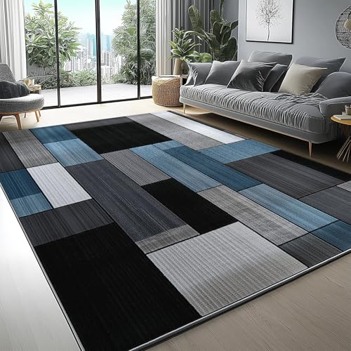 Teppich Wohnzimmer Schlafzimmer 160 x 230 cm, Modern Abstrakt Geometrie Muster Waschbarer Kurzflor Anti-Rutsch Unterseite Flauschig Weich Superfeiner Kaschmir Teppiche, Schwarz Blau von Generic