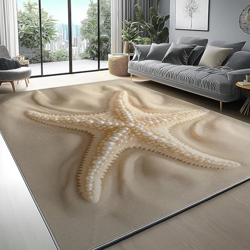 Teppich Wohnzimmer Schlafzimmer 160 x 230 cm, Strand Perlen Seesterne Muster Waschbarer Kurzflor Anti-Rutsch Unterseite Flauschig Weich Superfeiner Kaschmir Teppiche, Khaki von Generic