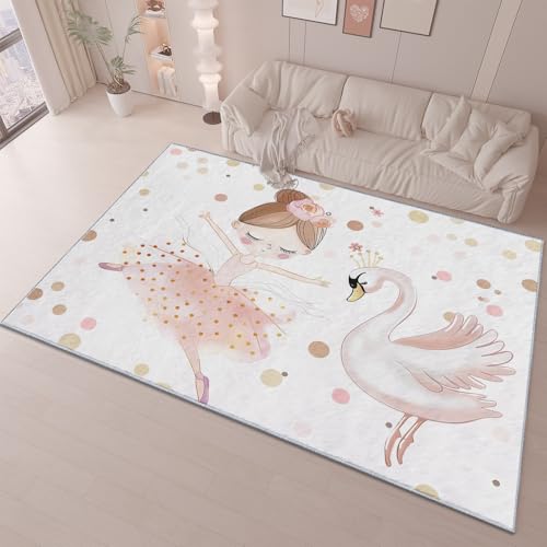 Teppich Wohnzimmer Schlafzimmer Cartoon Ballerina-MäDchen Schwan Waschbar Kurzflor Anti-Rutsch TPR Unterseite Langlebig Robuster Polyester Teppich Rechteckig Pflegeleicht, Weiß-120x170 cm Teppich Wohnzimmer Schlafzimmer Cartoon Ballerina-MäDchen Schwan Waschbar Kurzflor Anti-Rutsch TPR Unterseite Langlebig Robuster Polyester Teppich Rechteckig Pflegeleicht, Weiß-120x170 cm von Generic