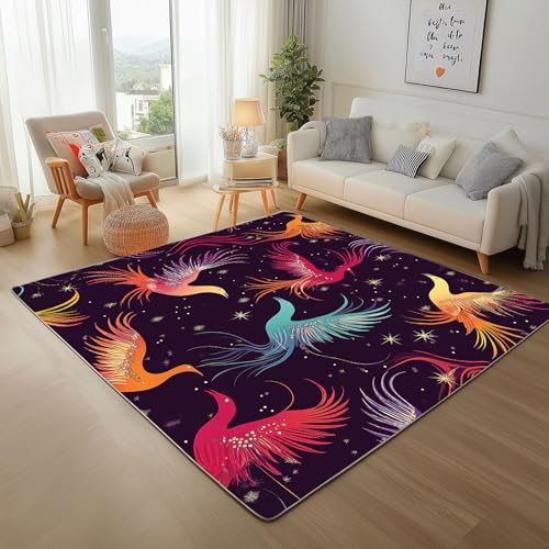 Teppich Wohnzimmer Tier-Phönix In Kunstmalerei Bunt Waschbar Kurzflor Teppich Flauschiger Rutschfester Moderner Geometrie Galaxie Teppisch Schlafzimmer Weicher Rugs for Living Room 200x300cm von Generic